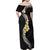 Pacific Hibiscus and Plumeria with Tapa Pattern Family Matching Off Shoulder Maxi Dress and Hawaiian Shirt Black Color