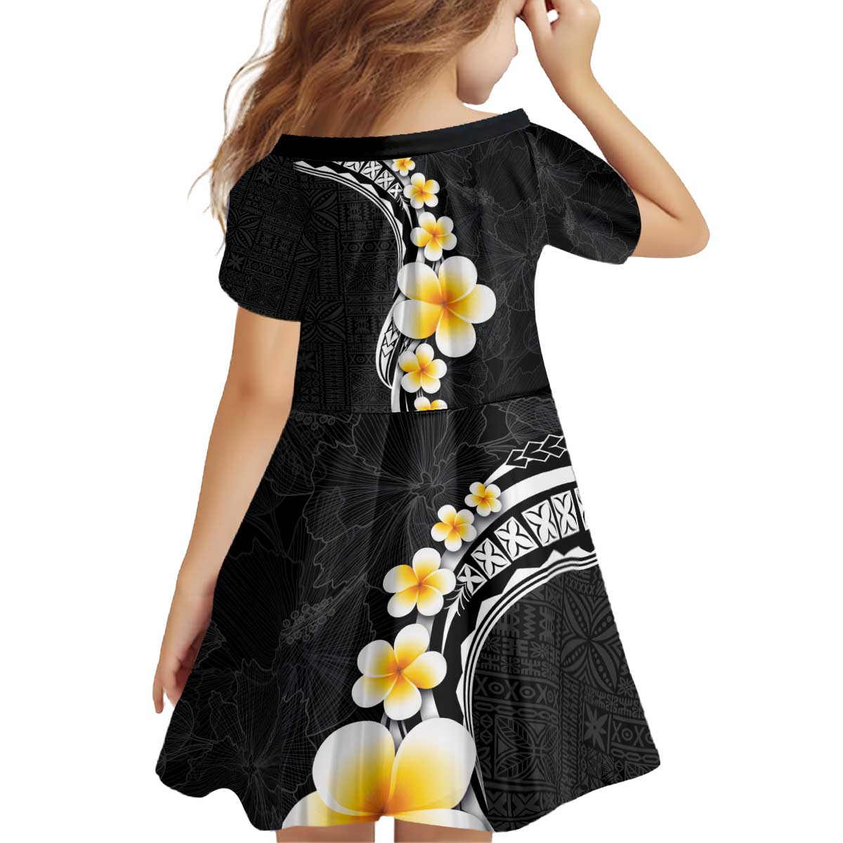 Pacific Hibiscus and Plumeria with Tapa Pattern Family Matching Off Shoulder Short Dress and Hawaiian Shirt Black Color