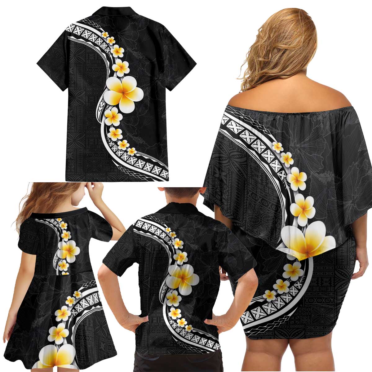 Pacific Hibiscus and Plumeria with Tapa Pattern Family Matching Off Shoulder Short Dress and Hawaiian Shirt Black Color