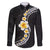 Pacific Hibiscus and Plumeria with Tapa Pattern Family Matching Off Shoulder Short Dress and Hawaiian Shirt Black Color