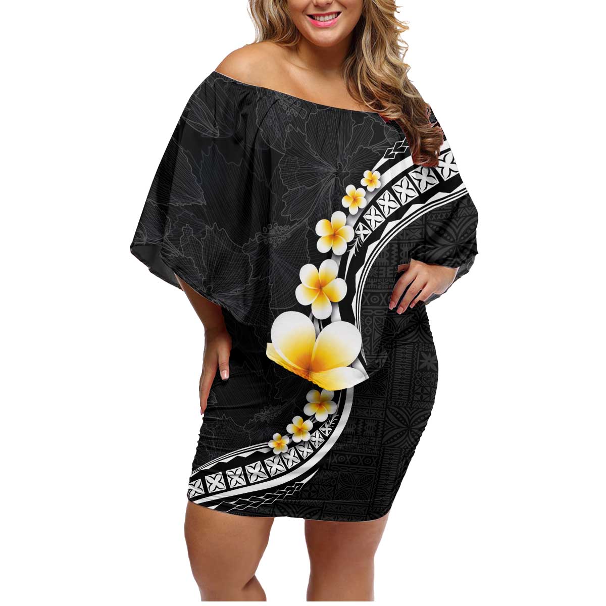 Pacific Hibiscus and Plumeria with Tapa Pattern Family Matching Off Shoulder Short Dress and Hawaiian Shirt Black Color