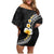 Pacific Hibiscus and Plumeria with Tapa Pattern Family Matching Off Shoulder Short Dress and Hawaiian Shirt Black Color