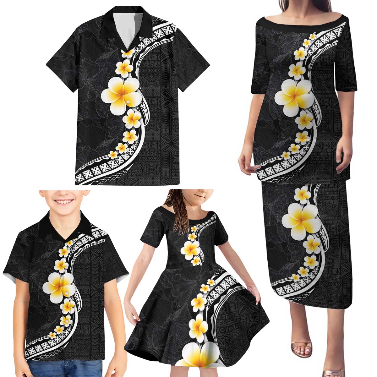 Pacific Hibiscus and Plumeria with Tapa Pattern Family Matching Puletasi and Hawaiian Shirt Black Color