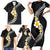 Pacific Hibiscus and Plumeria with Tapa Pattern Family Matching Short Sleeve Bodycon Dress and Hawaiian Shirt Black Color