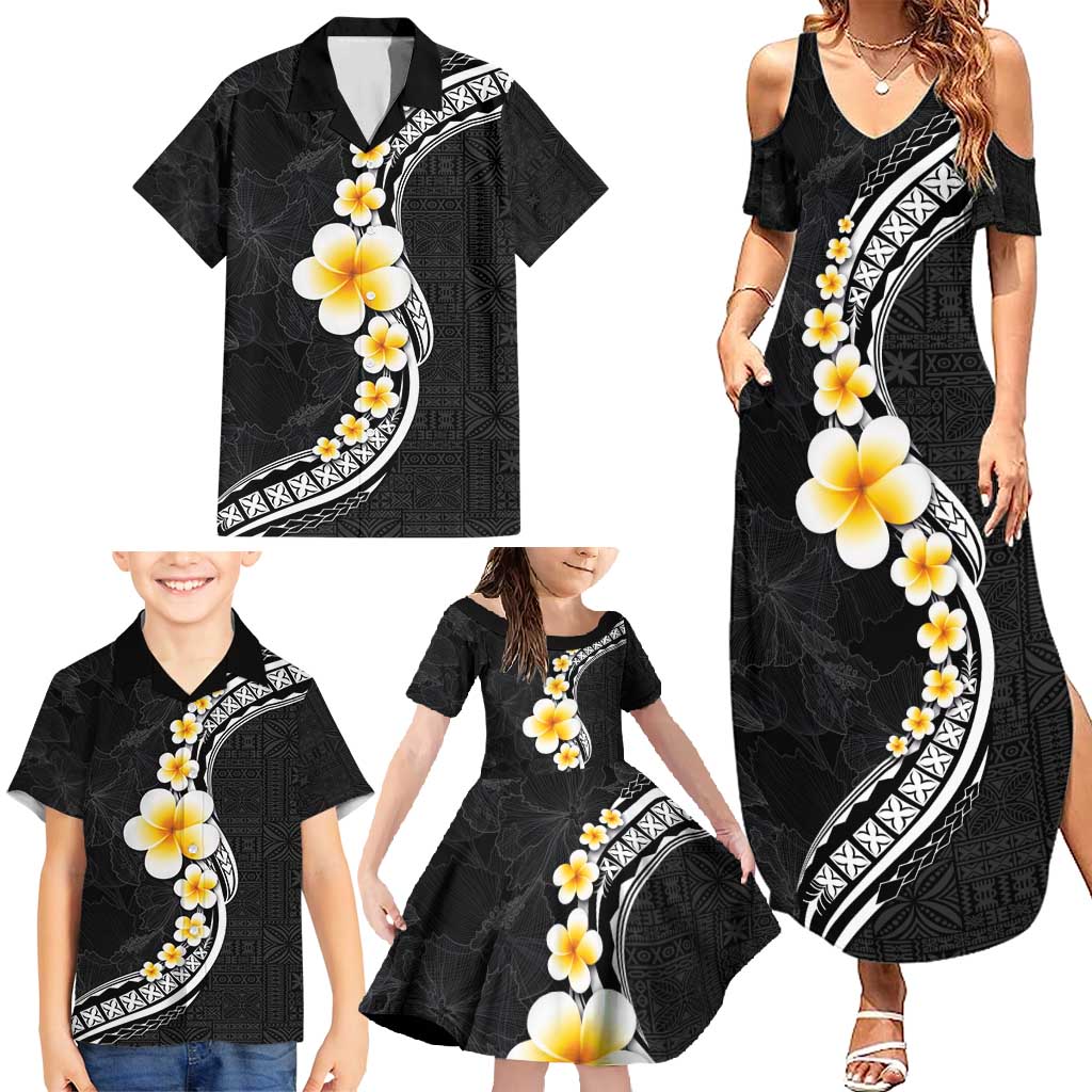 Pacific Hibiscus and Plumeria with Tapa Pattern Family Matching Summer Maxi Dress and Hawaiian Shirt Black Color