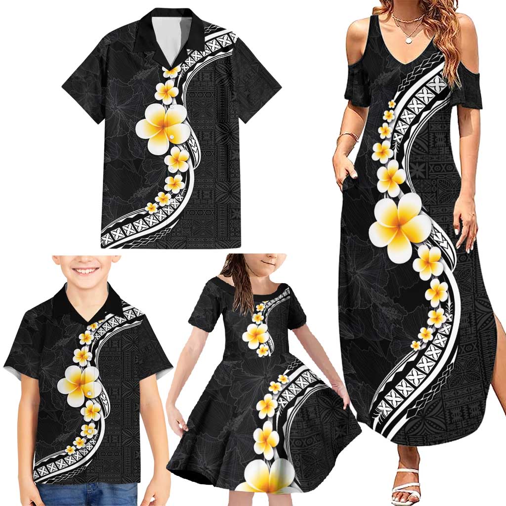 Pacific Hibiscus and Plumeria with Tapa Pattern Family Matching Summer Maxi Dress and Hawaiian Shirt Black Color