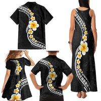 Pacific Hibiscus and Plumeria with Tapa Pattern Family Matching Tank Maxi Dress and Hawaiian Shirt Black Color