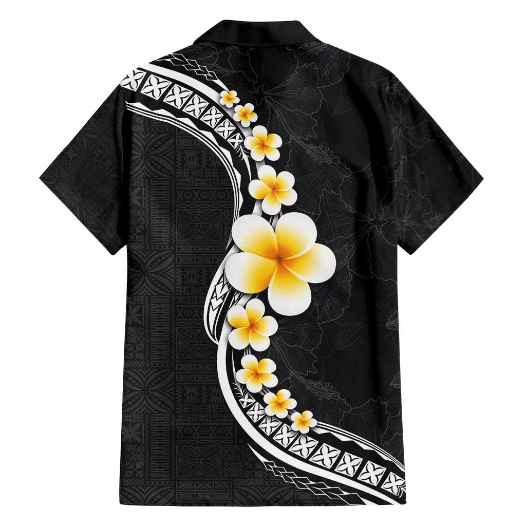 Pacific Hibiscus and Plumeria with Tapa Pattern Family Matching Tank Maxi Dress and Hawaiian Shirt Black Color