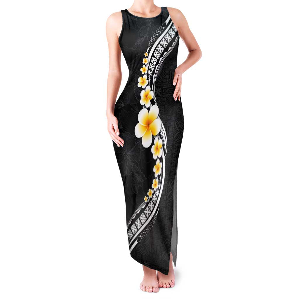 Pacific Hibiscus and Plumeria with Tapa Pattern Family Matching Tank Maxi Dress and Hawaiian Shirt Black Color