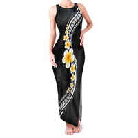 Pacific Hibiscus and Plumeria with Tapa Pattern Family Matching Tank Maxi Dress and Hawaiian Shirt Black Color
