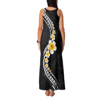 Pacific Hibiscus and Plumeria with Tapa Pattern Family Matching Tank Maxi Dress and Hawaiian Shirt Black Color