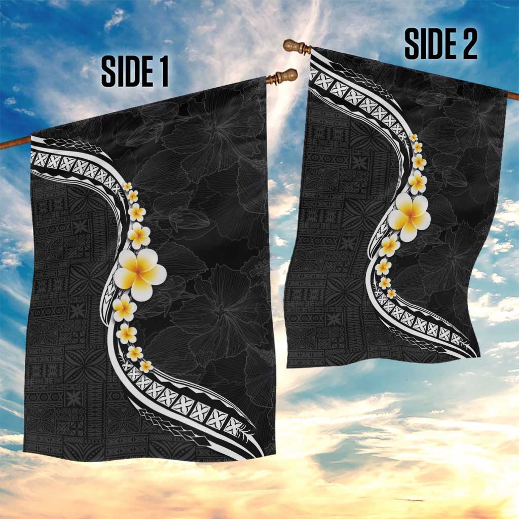 Pacific Hibiscus and Plumeria with Tapa Pattern Garden Flag Black Color LT03 - Polynesian Pride