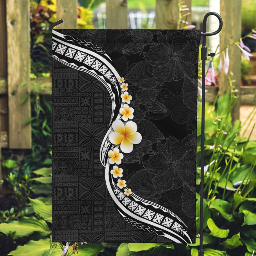 Pacific Hibiscus and Plumeria with Tapa Pattern Garden Flag Black Color LT03 Garden Flag Black - Polynesian Pride