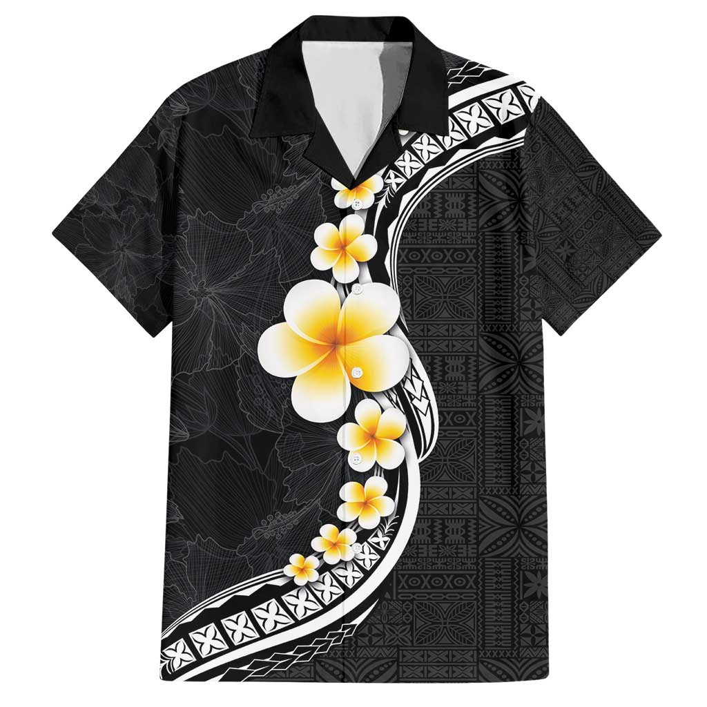 Pacific Hibiscus and Plumeria with Tapa Pattern Hawaiian Shirt Black Color