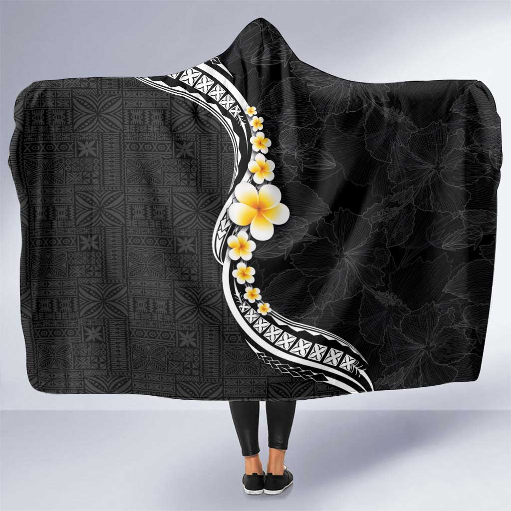 Pacific Hibiscus and Plumeria with Tapa Pattern Hooded Blanket Black Color LT03 One Size Black - Polynesian Pride
