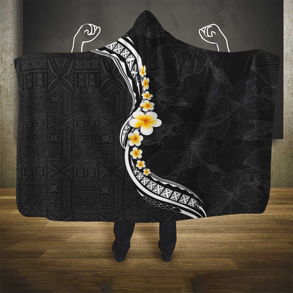 Pacific Hibiscus and Plumeria with Tapa Pattern Hooded Blanket Black Color LT03 - Polynesian Pride