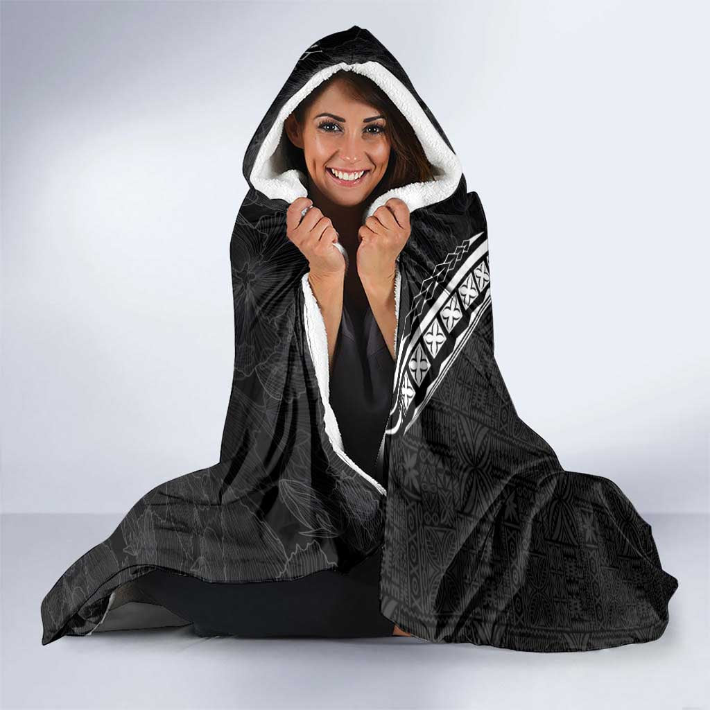Pacific Hibiscus and Plumeria with Tapa Pattern Hooded Blanket Black Color LT03 - Polynesian Pride
