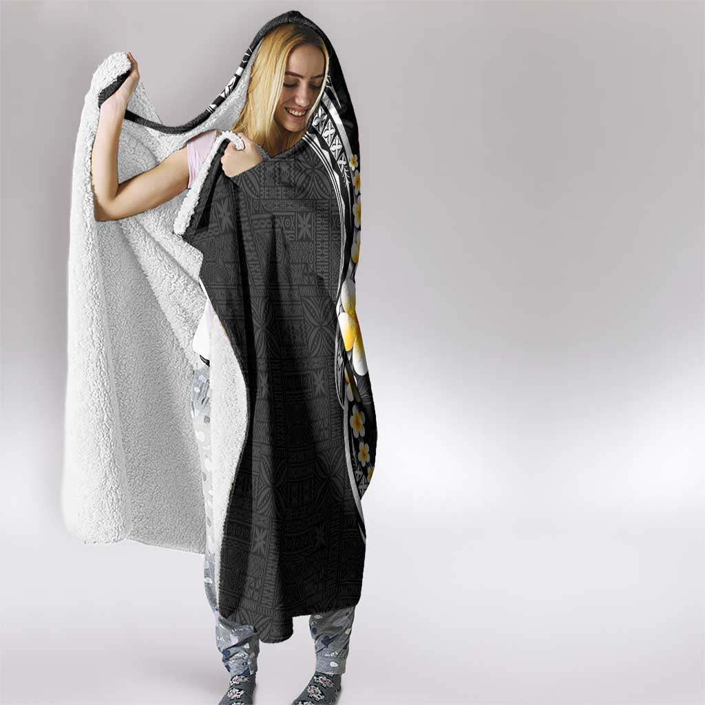 Pacific Hibiscus and Plumeria with Tapa Pattern Hooded Blanket Black Color LT03 - Polynesian Pride