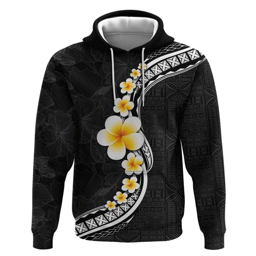 Pacific Hibiscus and Plumeria with Tapa Pattern Hoodie Black Color