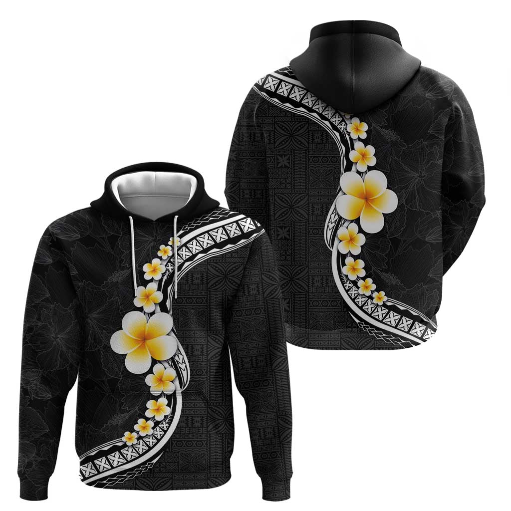 Pacific Hibiscus and Plumeria with Tapa Pattern Hoodie Black Color
