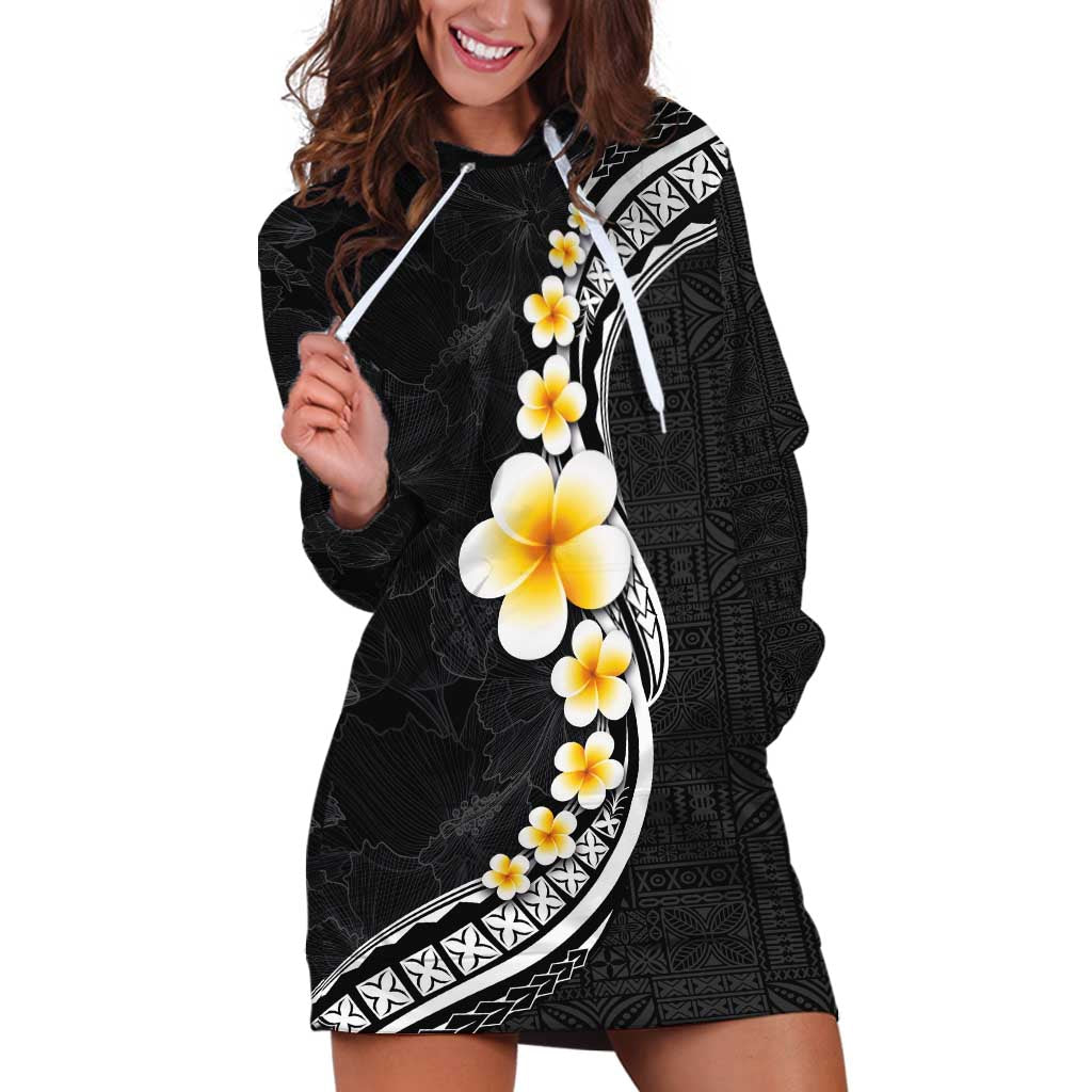 Pacific Hibiscus and Plumeria with Tapa Pattern Hoodie Dress Black Color LT03 Black - Polynesian Pride