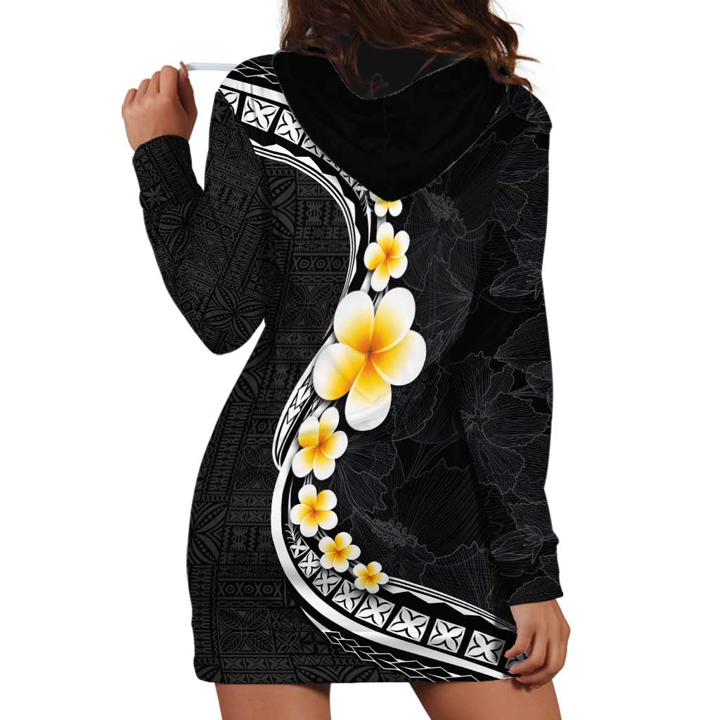 Pacific Hibiscus and Plumeria with Tapa Pattern Hoodie Dress Black Color LT03 - Polynesian Pride