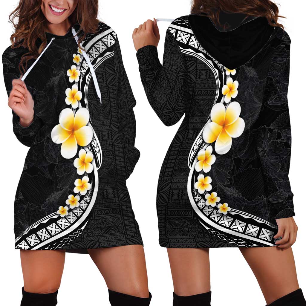 Pacific Hibiscus and Plumeria with Tapa Pattern Hoodie Dress Black Color LT03 - Polynesian Pride