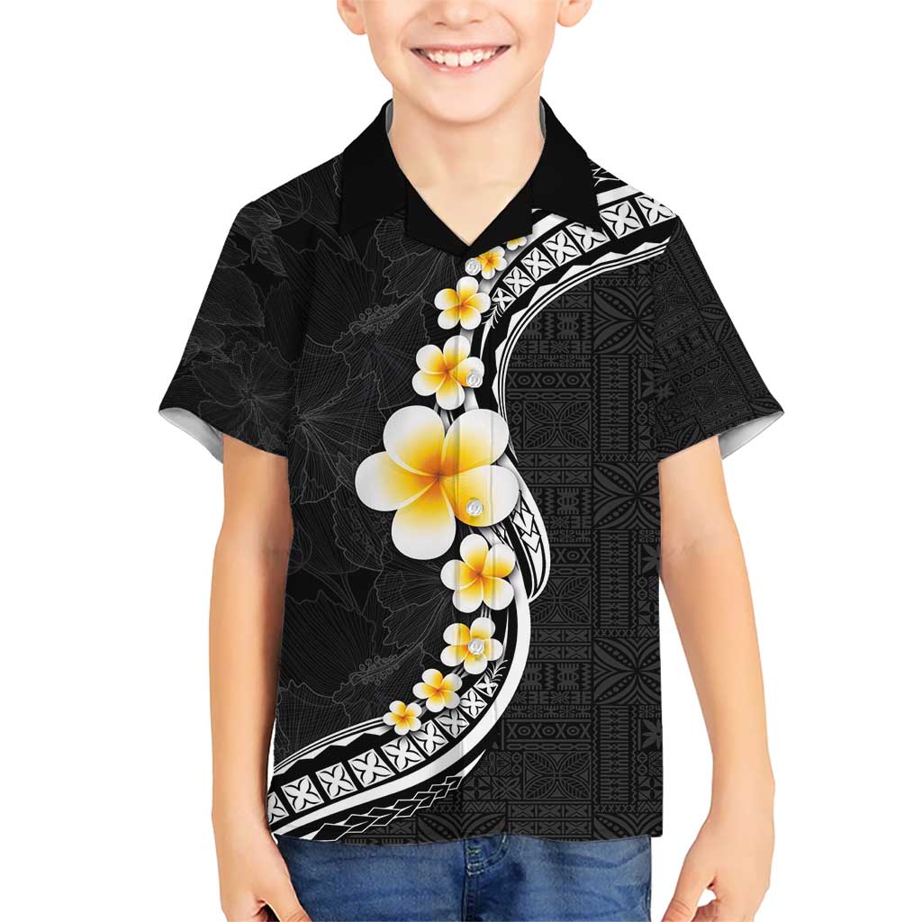 Pacific Hibiscus and Plumeria with Tapa Pattern Kid Hawaiian Shirt Black Color