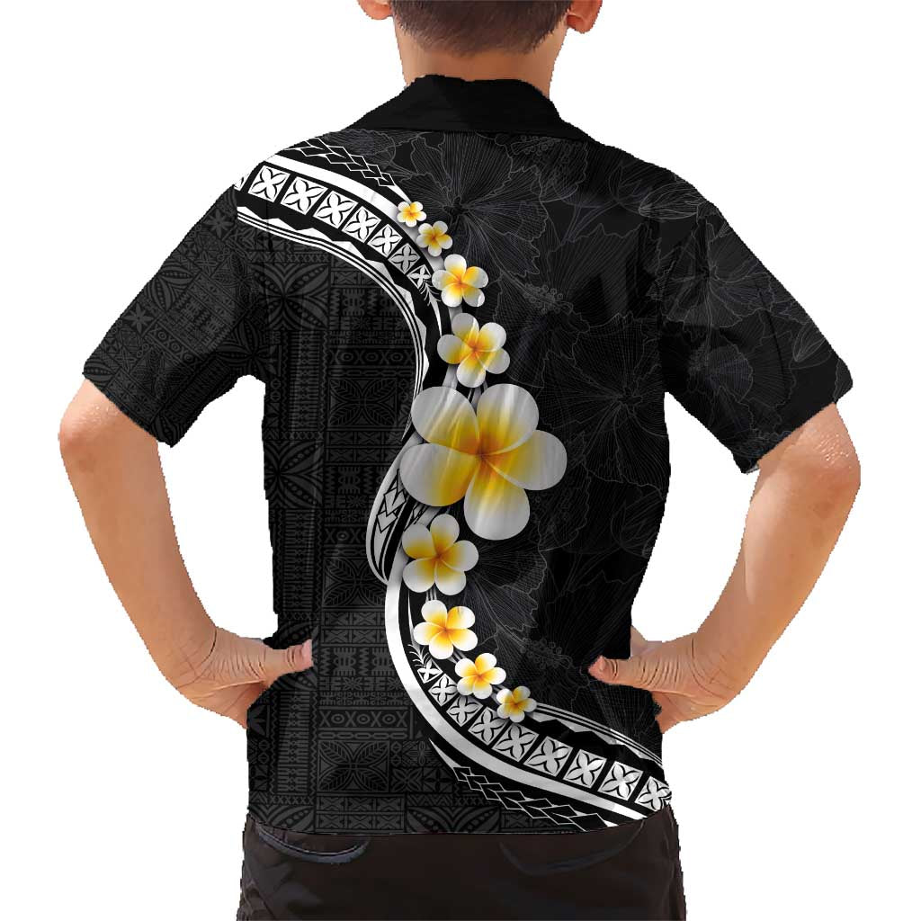 Pacific Hibiscus and Plumeria with Tapa Pattern Kid Hawaiian Shirt Black Color