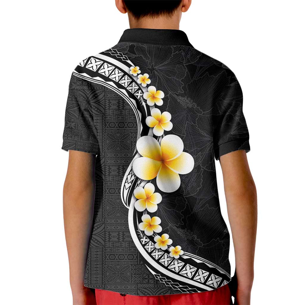 Pacific Hibiscus and Plumeria with Tapa Pattern Kid Polo Shirt Black Color