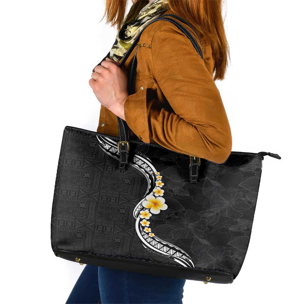 Pacific Hibiscus and Plumeria with Tapa Pattern Leather Tote Bag Black Color LT03 Black - Polynesian Pride
