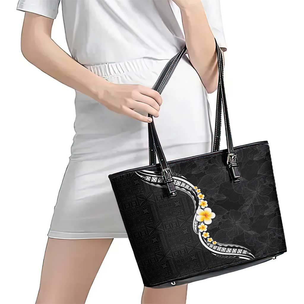 Pacific Hibiscus and Plumeria with Tapa Pattern Leather Tote Bag Black Color LT03 - Polynesian Pride