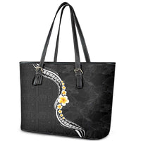 Pacific Hibiscus and Plumeria with Tapa Pattern Leather Tote Bag Black Color LT03 - Polynesian Pride