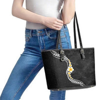 Pacific Hibiscus and Plumeria with Tapa Pattern Leather Tote Bag Black Color LT03 - Polynesian Pride