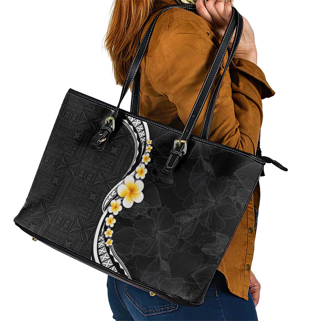 Pacific Hibiscus and Plumeria with Tapa Pattern Leather Tote Bag Black Color LT03 - Polynesian Pride