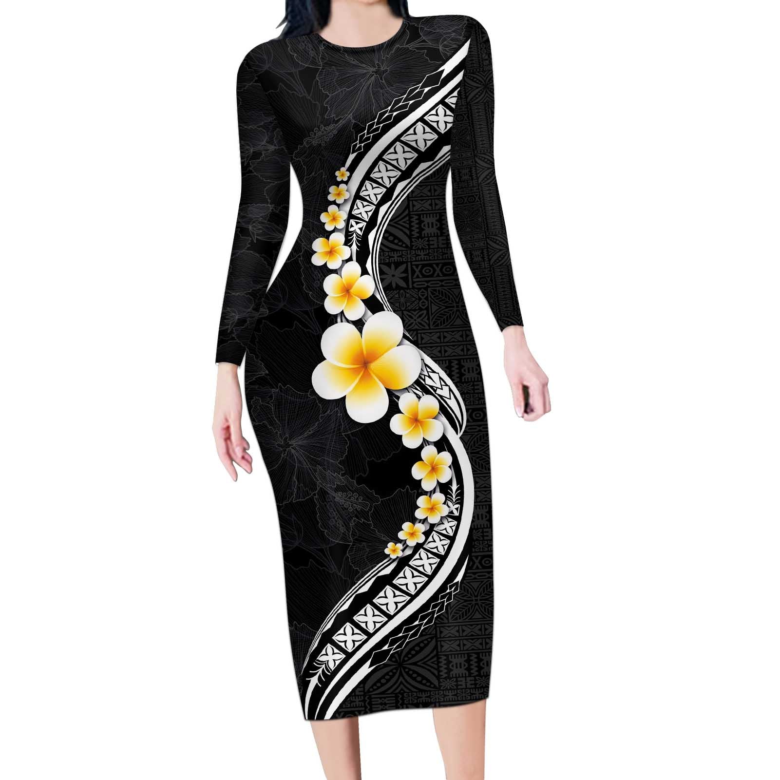 Pacific Hibiscus and Plumeria with Tapa Pattern Long Sleeve Bodycon Dress Black Color