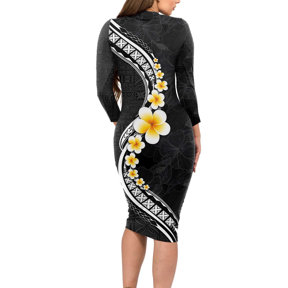 Pacific Hibiscus and Plumeria with Tapa Pattern Long Sleeve Bodycon Dress Black Color