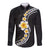 Pacific Hibiscus and Plumeria with Tapa Pattern Long Sleeve Button Shirt Black Color