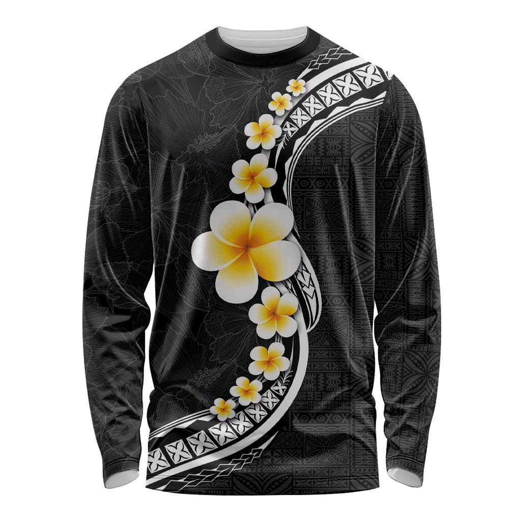 Pacific Hibiscus and Plumeria with Tapa Pattern Long Sleeve Shirt Black Color