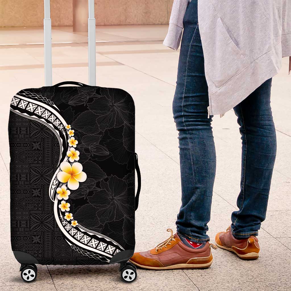 Pacific Hibiscus and Plumeria with Tapa Pattern Luggage Cover Black Color