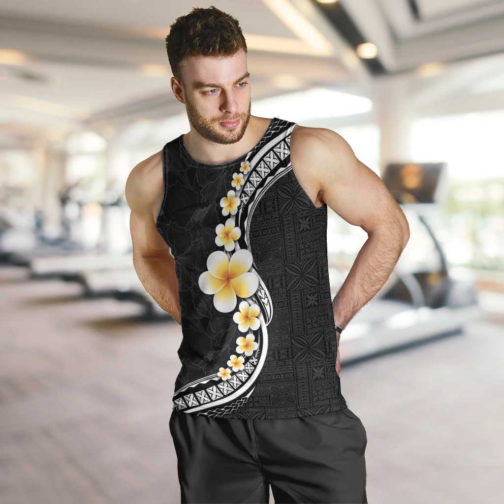 Pacific Hibiscus and Plumeria with Tapa Pattern Men Tank Top Black Color LT03 Black - Polynesian Pride