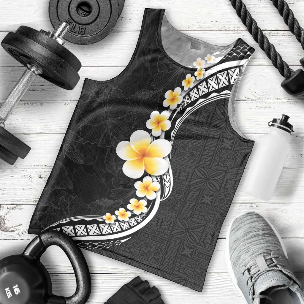 Pacific Hibiscus and Plumeria with Tapa Pattern Men Tank Top Black Color LT03 - Polynesian Pride