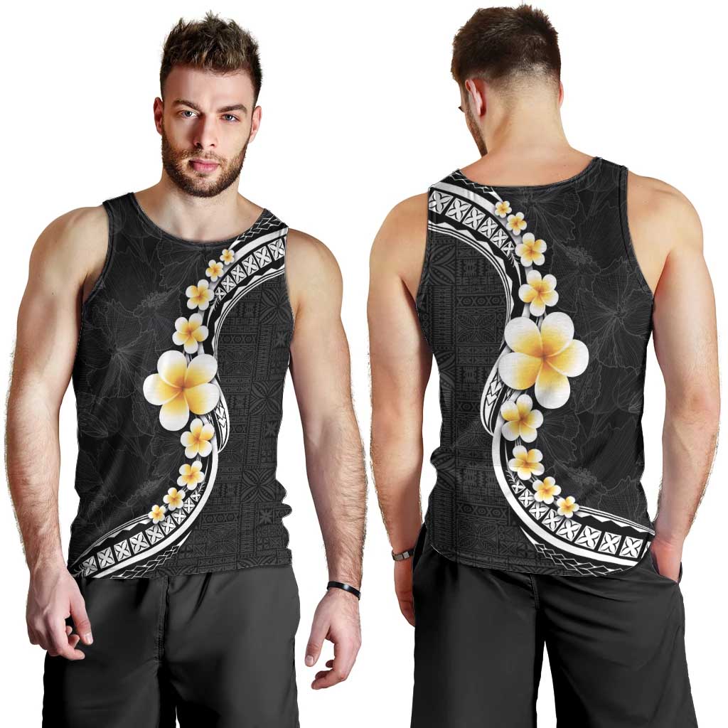 Pacific Hibiscus and Plumeria with Tapa Pattern Men Tank Top Black Color LT03 - Polynesian Pride