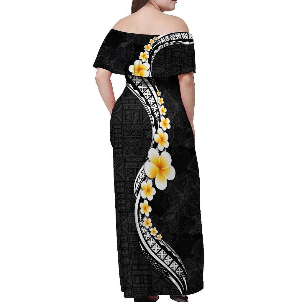 Pacific Hibiscus and Plumeria with Tapa Pattern Off Shoulder Maxi Dress Black Color LT03 - Polynesian Pride