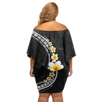 Pacific Hibiscus and Plumeria with Tapa Pattern Off Shoulder Short Dress Black Color LT03 - Polynesian Pride