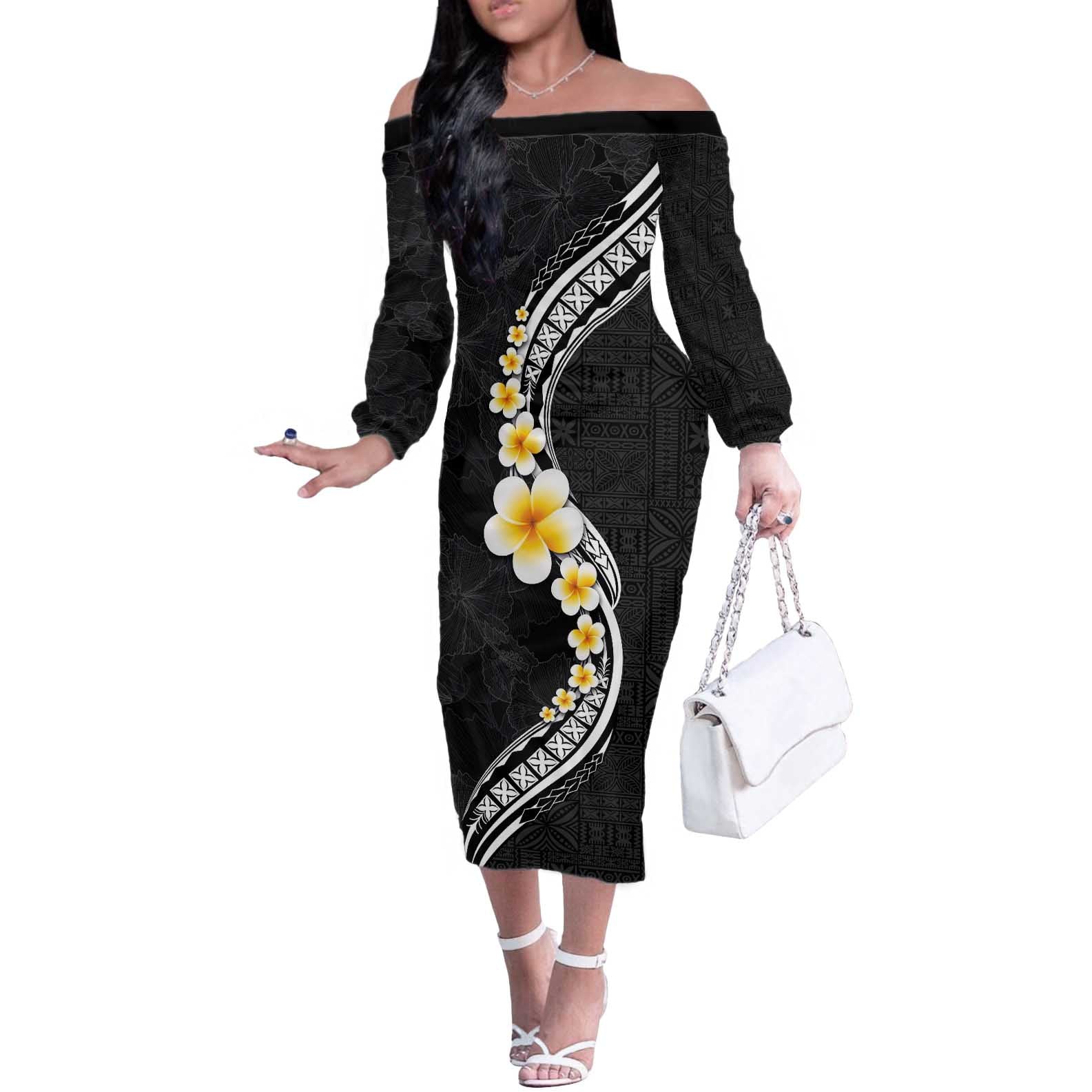 Pacific Hibiscus and Plumeria with Tapa Pattern Off The Shoulder Long Sleeve Dress Black Color