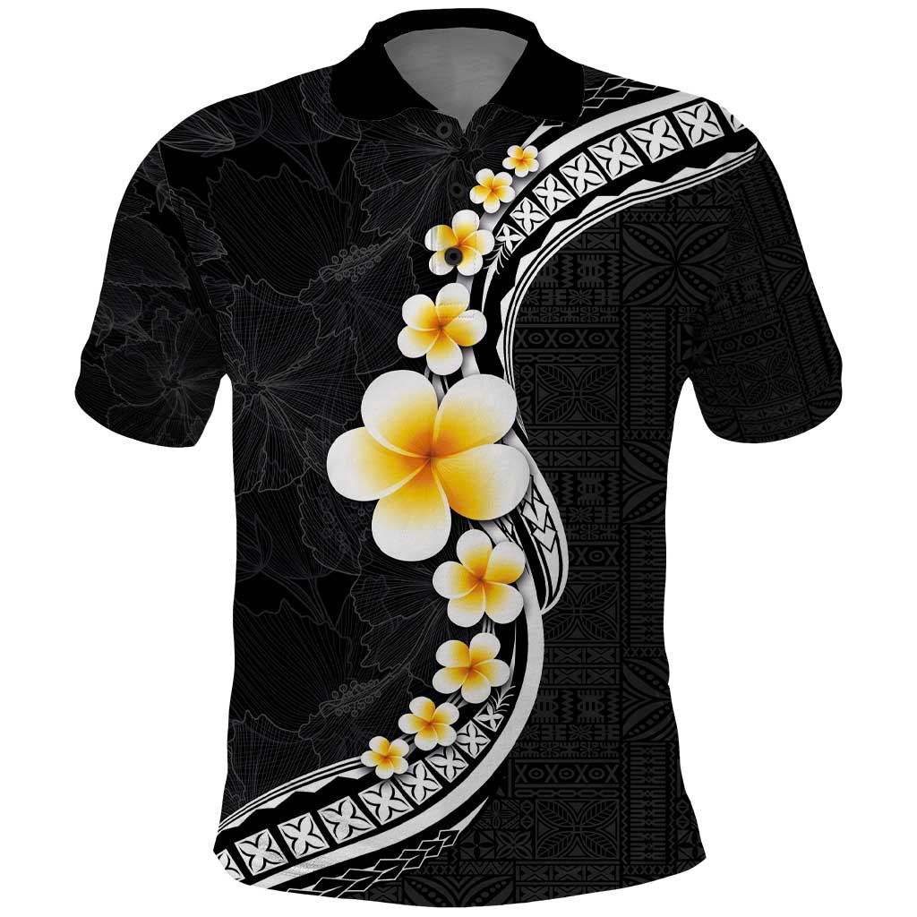 Pacific Hibiscus and Plumeria with Tapa Pattern Polo Shirt Black Color