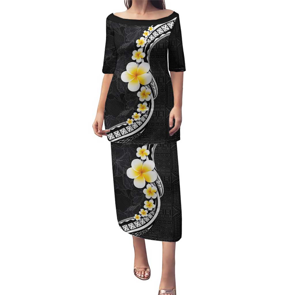 Pacific Hibiscus and Plumeria with Tapa Pattern Puletasi Black Color LT03 Long Dress Black - Polynesian Pride