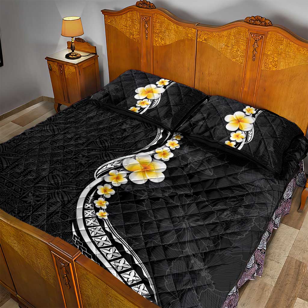 Pacific Hibiscus and Plumeria with Tapa Pattern Quilt Bed Set Black Color LT03 - Polynesian Pride