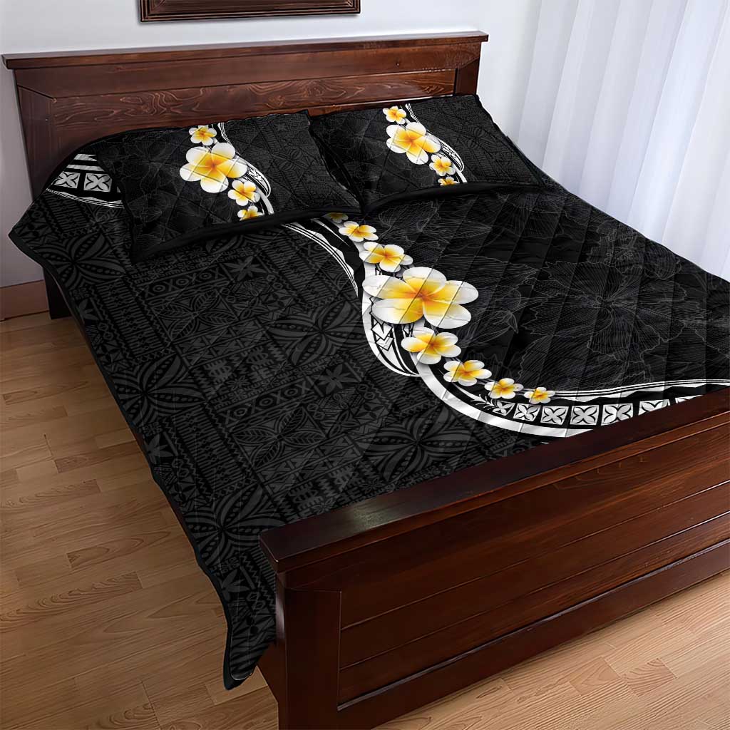 Pacific Hibiscus and Plumeria with Tapa Pattern Quilt Bed Set Black Color LT03 - Polynesian Pride